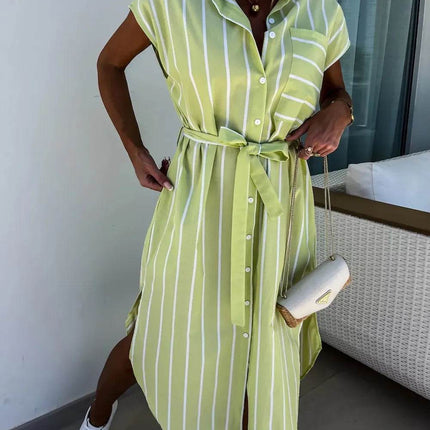 Striped Tie Waist Short Sleeve Dress - MimiStylez