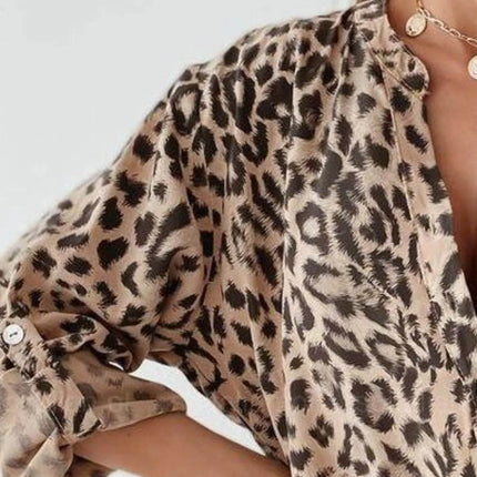 Full Size Leopard Print Roll-Tab Sleeves Blouse Plus Size - MimiStylez