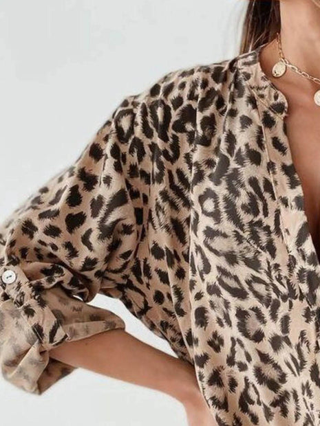 Full Size Leopard Print Roll-Tab Sleeves Blouse Plus Size - MimiStylez