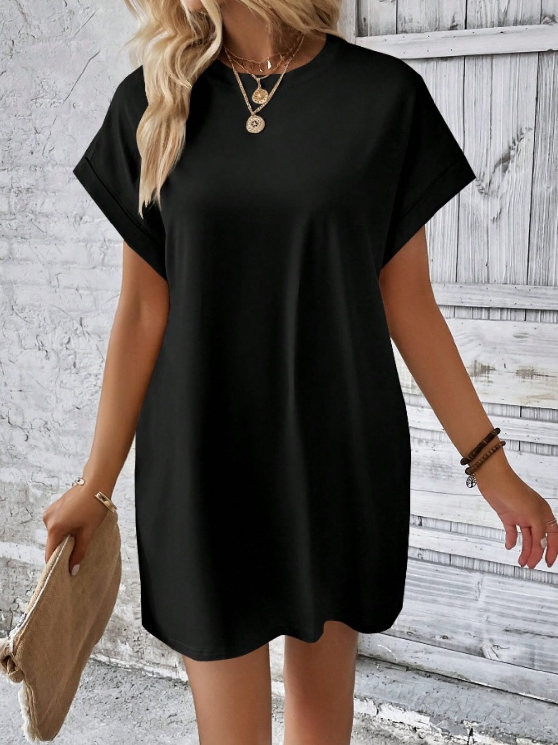 Pocketed Round Neck Short Sleeve Dress