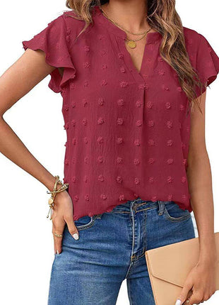 Women's Fashion V-neck Ruffle Sleeve Chiffon Shirt Short Sleeve - MimiStylez