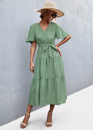 Printed V-Neck Flutter Sleeve Belted Dress - MimiStylez