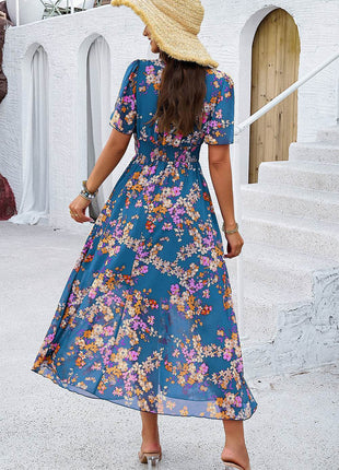 Smocked Floral V-Neck Short Sleeve Dress - MimiStylez
