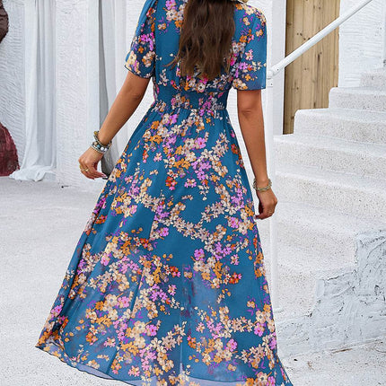 Smocked Floral V-Neck Short Sleeve Dress - MimiStylez