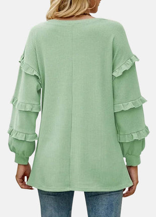 Ruffled V-Neck Long Sleeve T-Shirt - MimiStylez