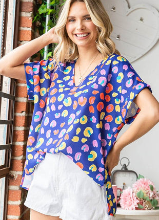 First Love Printed V-Neck Short Sleeve Blouse - MimiStylez