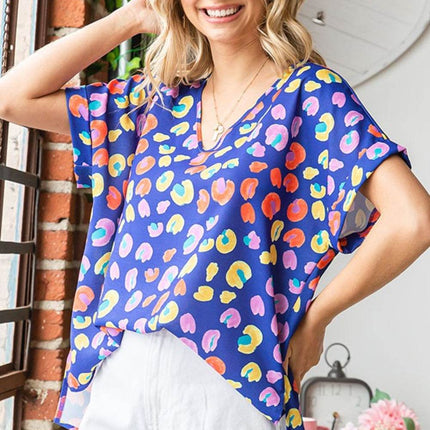 First Love Printed V-Neck Short Sleeve Blouse - MimiStylez