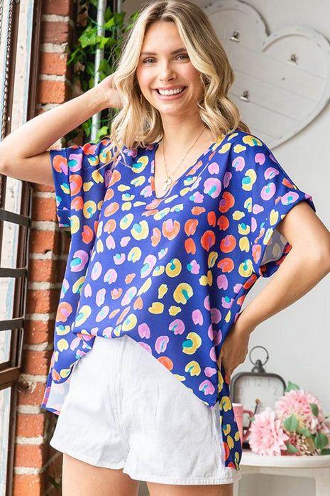 First Love Printed V-Neck Short Sleeve Blouse - MimiStylez