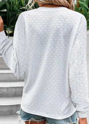 Eyelet Notched Long Sleeve T-Shirt - MimiStylez