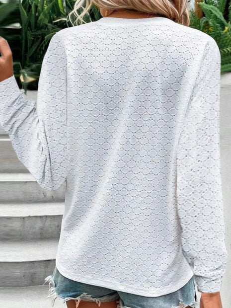 Eyelet Notched Long Sleeve T-Shirt - MimiStylez