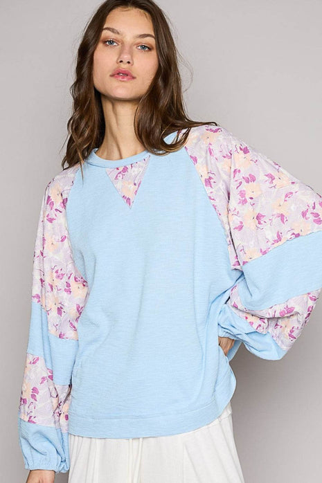 POL Round Neck Balloon Floral Long Sleeve Top - MimiStylez