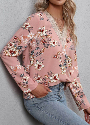 Printed V-Neck Long Sleeve Blouse - MimiStylez