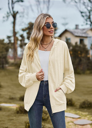 Zip Up Drawstring Long Sleeve Hooded Jacket - MimiStylez