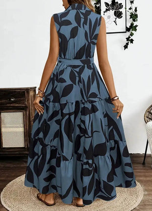 Printed Tie Waist Sleeveless Maxi Dress - MimiStylez