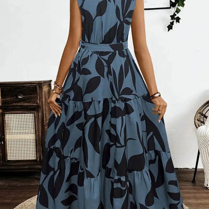 Printed Tie Waist Sleeveless Maxi Dress - MimiStylez