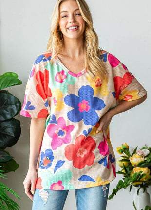 HOPELY Full Size Floral V-Neck Side Slit T-Shirt - MimiStylez