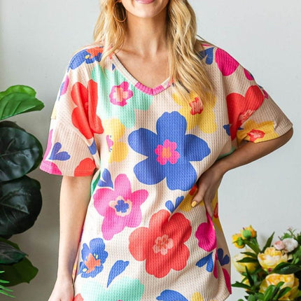 HOPELY Full Size Floral V-Neck Side Slit T-Shirt - MimiStylez