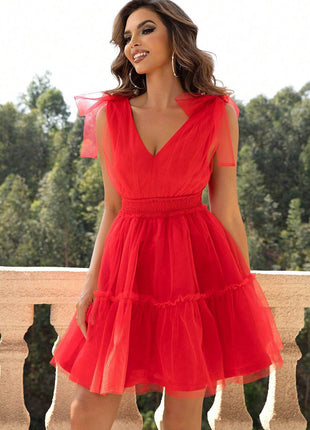 V-Neck Shoulder Detail Mesh Dress - MimiStylez