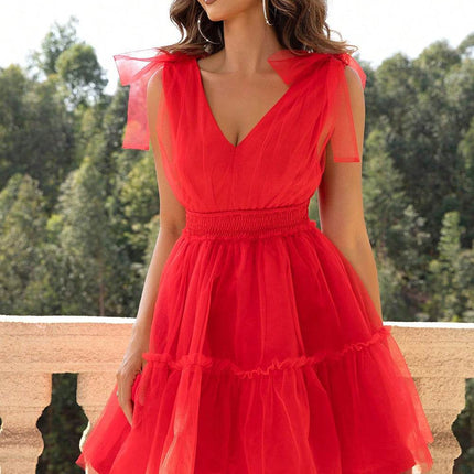 V-Neck Shoulder Detail Mesh Dress - MimiStylez