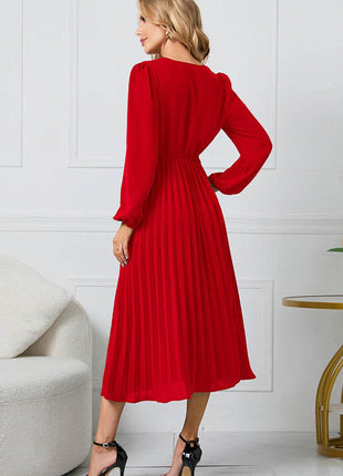 V-Neck Long Sleeve Tie Waist Midi Dress - MimiStylez