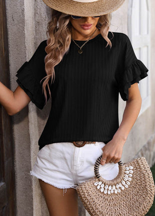Ruffled Round Neck Short Sleeve Blouse - MimiStylez
