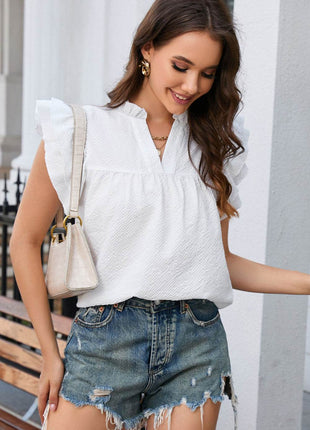 Notched Neck Butterfly Sleeve Blouse - MimiStylez
