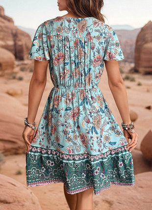 Printed V-Neck Flutter Sleeve Dress - MimiStylez