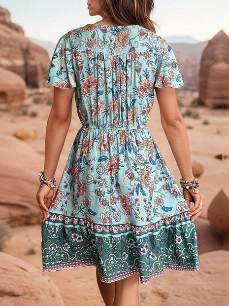 Printed V-Neck Flutter Sleeve Dress - MimiStylez