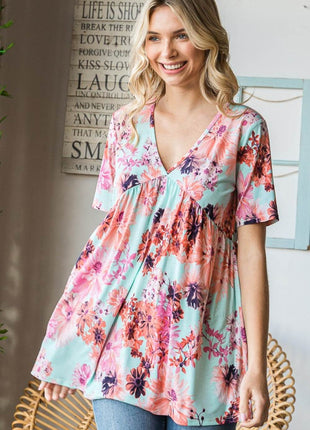 Heimish Full Size Floral V-Neck Short Sleeve Babydoll Blouse - MimiStylez