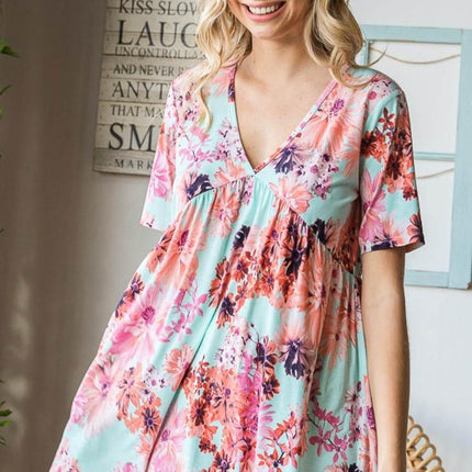 Heimish Full Size Floral V-Neck Short Sleeve Babydoll Blouse - MimiStylez