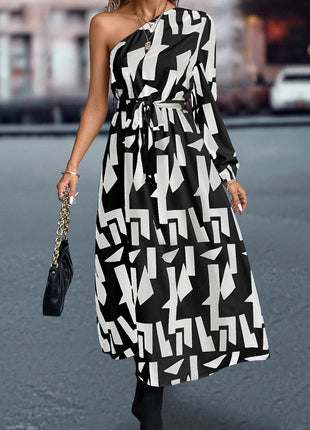 Printed One-Shoulder Tie Waist Dress - MimiStylez