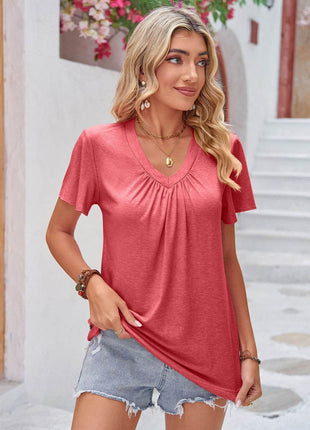 Double Take Ruched V-Neck Short Sleeve T-Shirt - MimiStylez