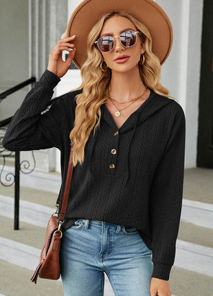 Drawstring Half Button Long Sleeve Hoodie - MimiStylez