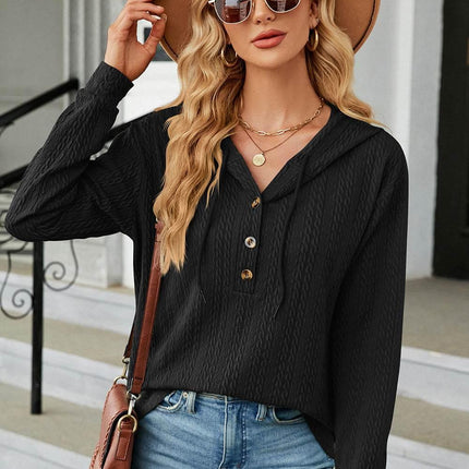 Drawstring Half Button Long Sleeve Hoodie - MimiStylez