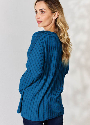 Basic Bae Full Size Ribbed Half Button Long Sleeve T-Shirt - MimiStylez