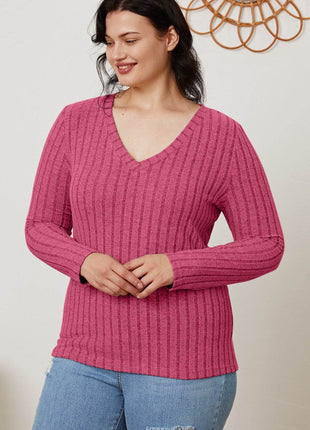 Basic Bae Full Size Ribbed V-Neck Long Sleeve T-Shirt - MimiStylez