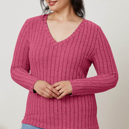Basic Bae Full Size Ribbed V-Neck Long Sleeve T-Shirt - MimiStylez