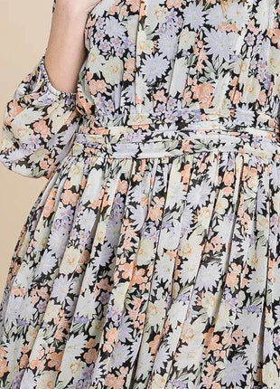 Lime 'N' Chili Chiffon Floral Print Belted Dress with Back Zipper - MimiStylez