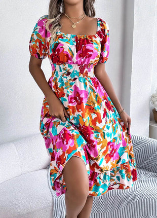 Ruffled Hem Smocked Floral Short Sleeve Midi Dress - MimiStylez