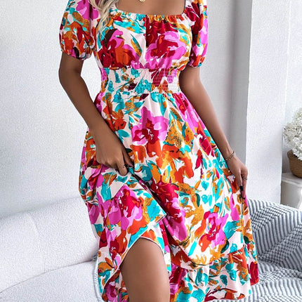 Ruffled Hem Smocked Floral Short Sleeve Midi Dress - MimiStylez