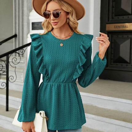 Round Neck Ruffled Peplum Blouse - MimiStylez