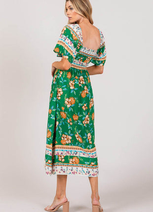 SAGE + FIG Printed Smocked Short Sleeve Midi Dress - MimiStylez