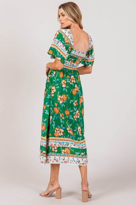 SAGE + FIG Printed Smocked Short Sleeve Midi Dress - MimiStylez