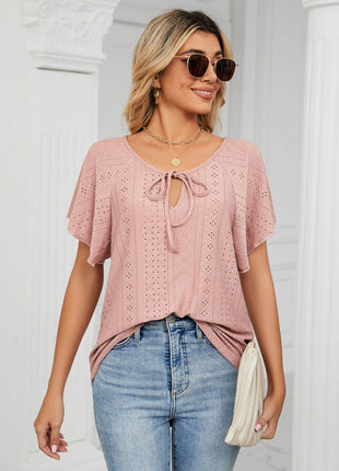 Eyelet Tie-Neck Flutter Sleeve Top - MimiStylez