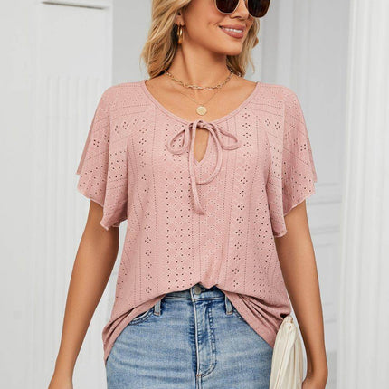 Eyelet Tie-Neck Flutter Sleeve Top - MimiStylez