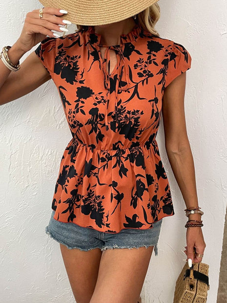 Printed Tie Neck Cap Sleeve Blouse - MimiStylez