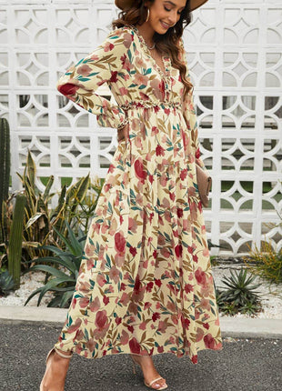 Floral Frill Trim Flounce Sleeve Plunge Maxi Dress - MimiStylez