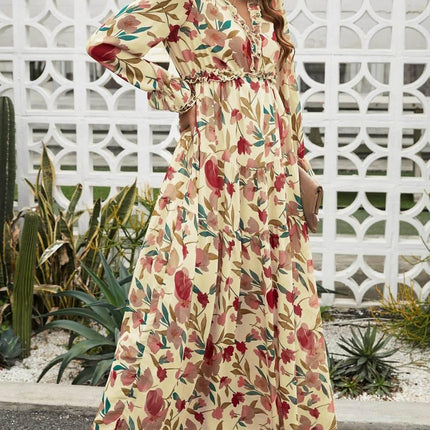 Floral Frill Trim Flounce Sleeve Plunge Maxi Dress - MimiStylez