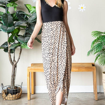 Heimish Full Size Slit Animal Print V-Neck Wide Strap Dress - MimiStylez