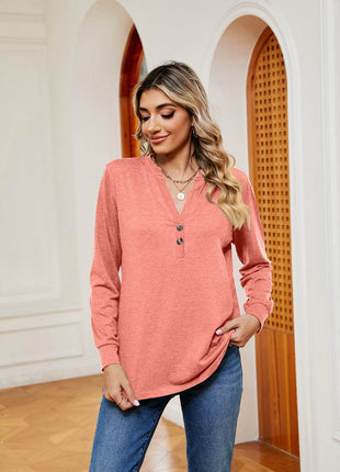 Buttoned Notched Neck Long Sleeve Top - MimiStylez